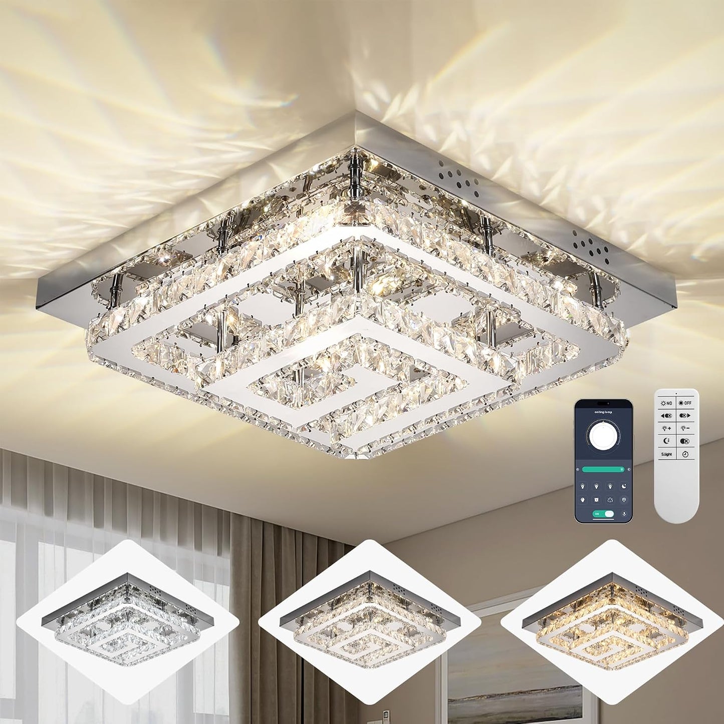 Lámpara techo LED cristal moderna 25pulg control remoto 3 colores