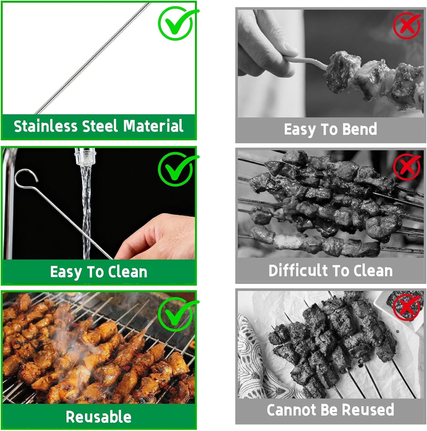Brochetas acero inox 12 pzas reutilizables para parrilla