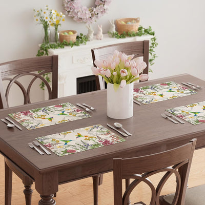 Juego de 6 manteles individuales de primavera con flores silvestres y colibríes