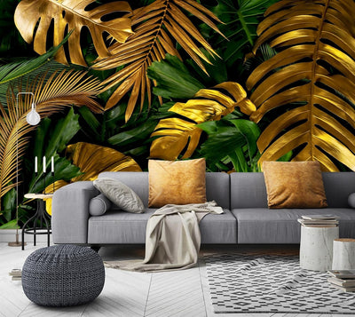 Papel pintado dorado hojas palmera Monstera