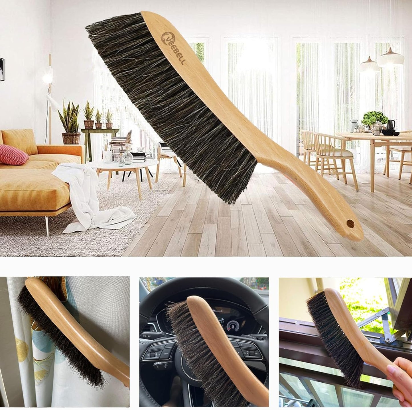 Cepillo cerdas caballo para limpieza hogar con mango madera