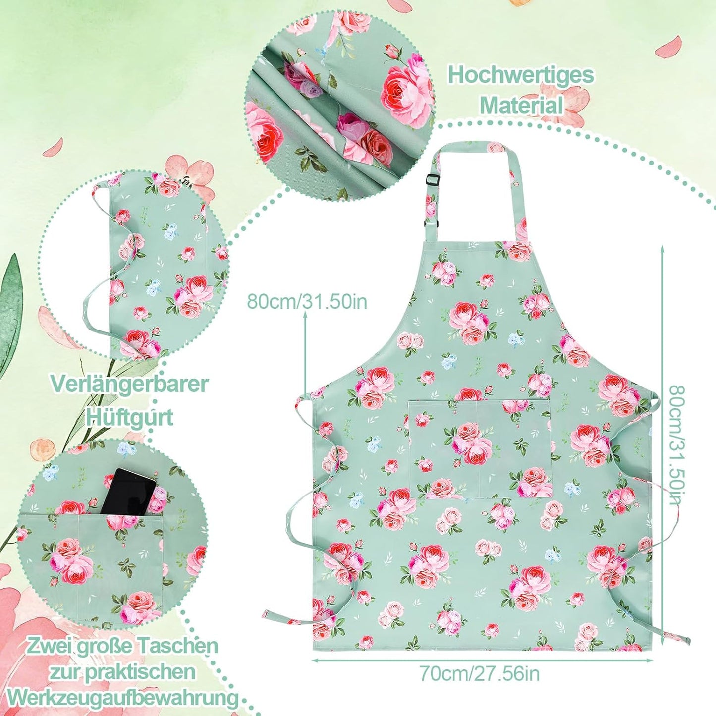 Delantal floral ajustable con bolsillos para mujer