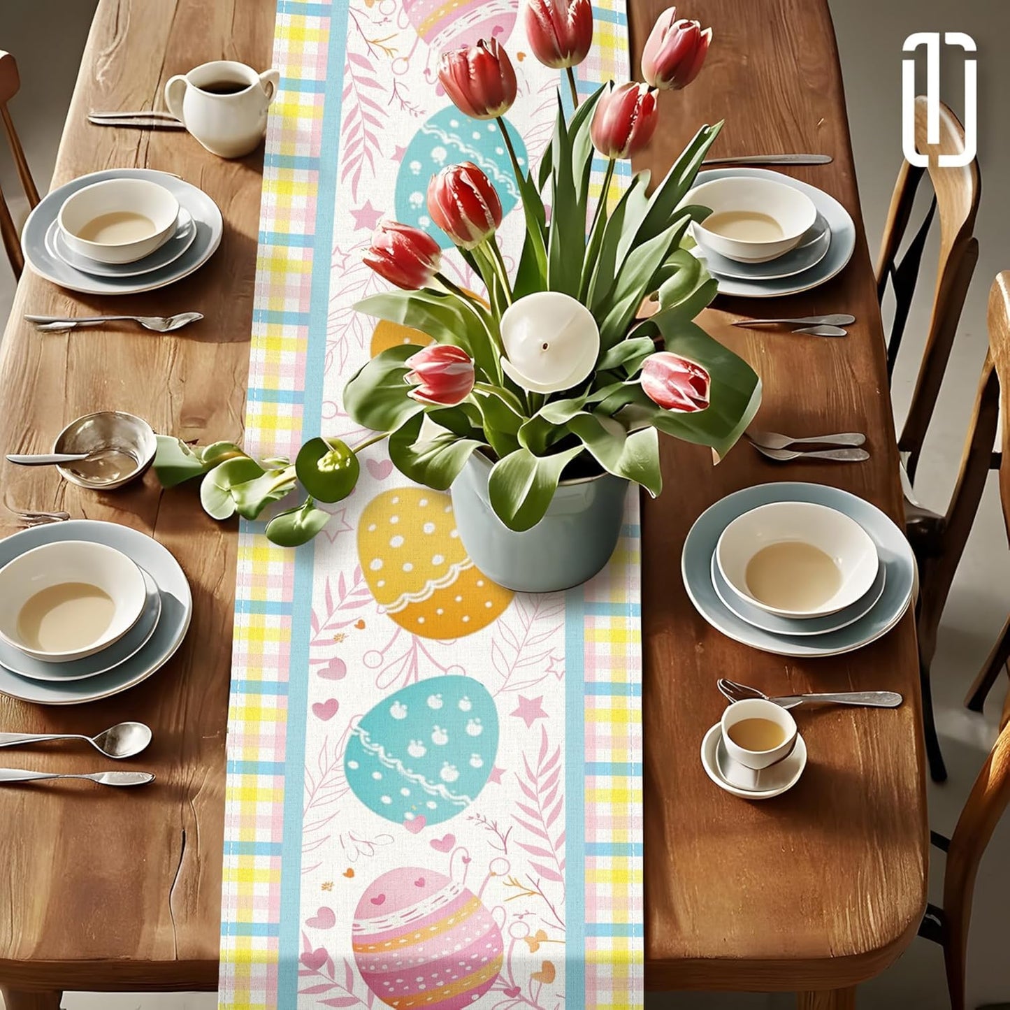 Decoración mesa Pascua conejo tulipán cuadriculado 13x72pulg