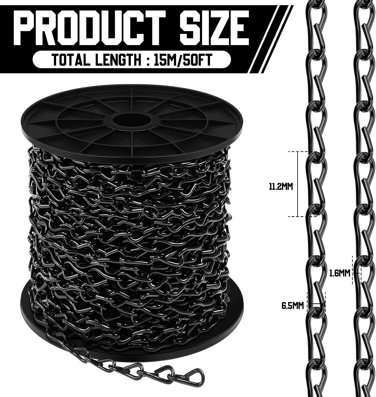 Cadena Black Jack negra 50ft 10 ganchos S acero galvanizado carrete