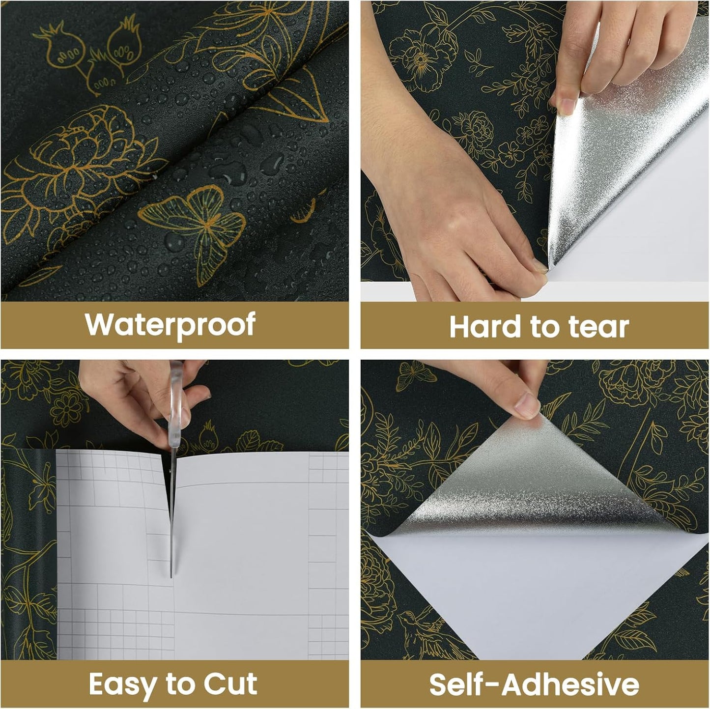 Papel tapiz floral verde oscuro dorado autoadhesivo