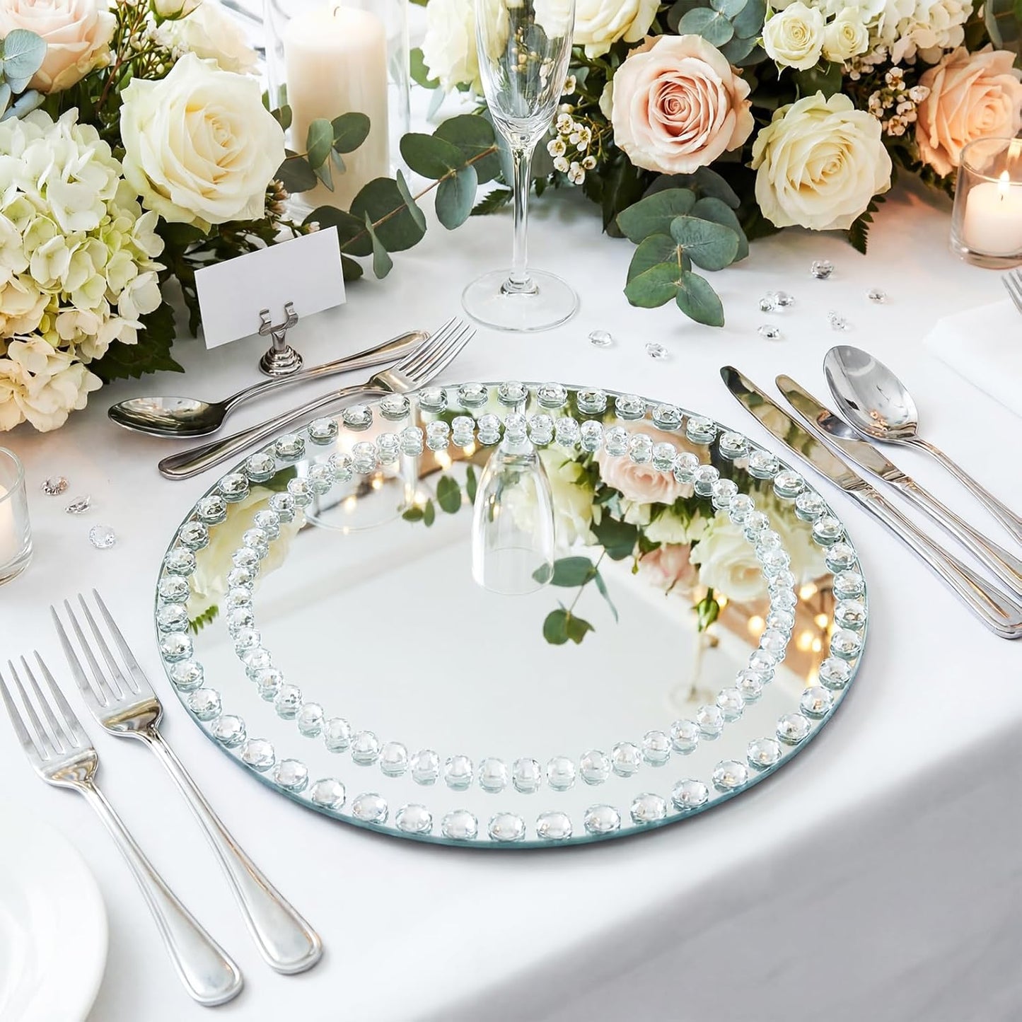 Platos carga vidrio espejo 13 pulg plateados para bodas y eventos