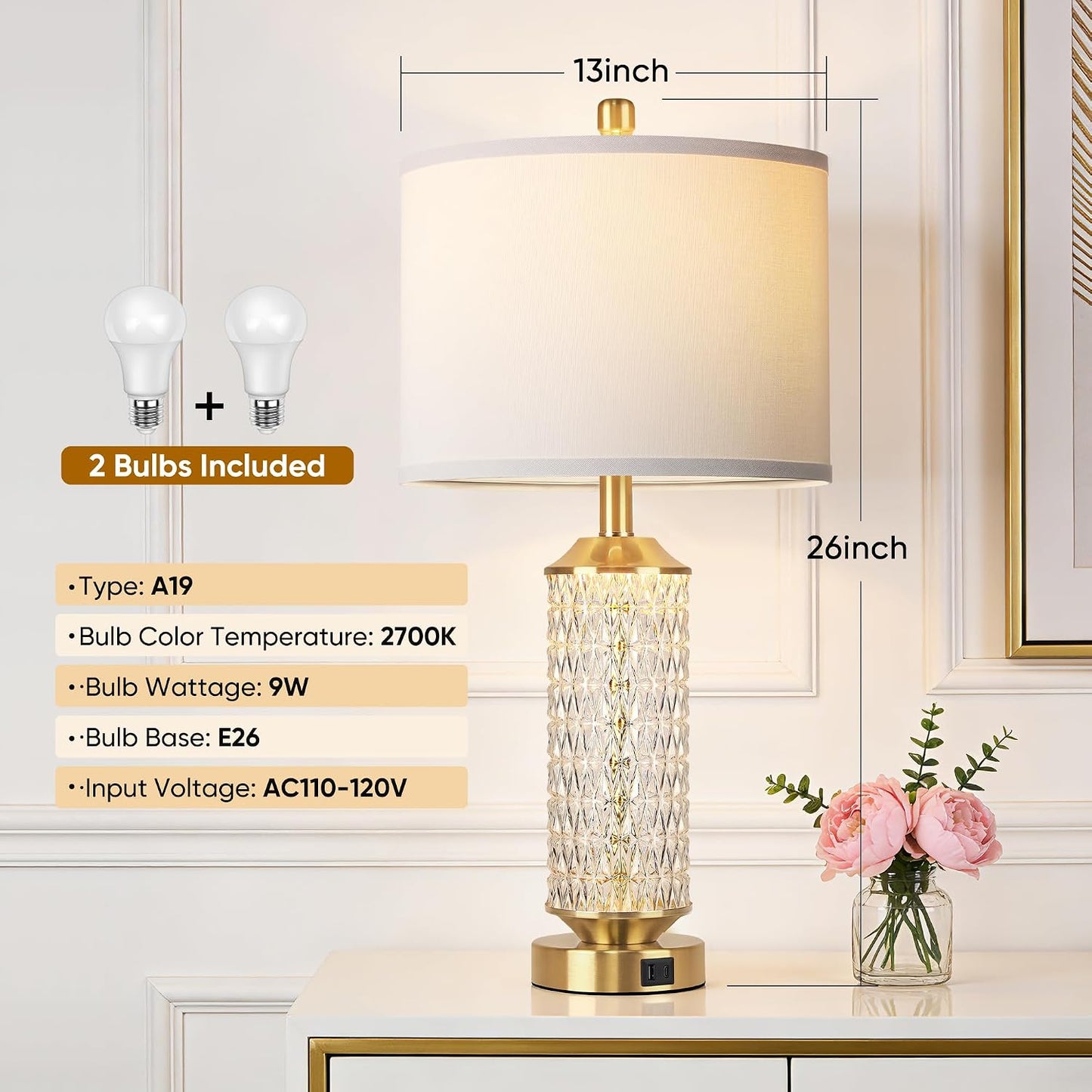 Lámpara dorada 26pulg LED con puertos USB sala dormitorio