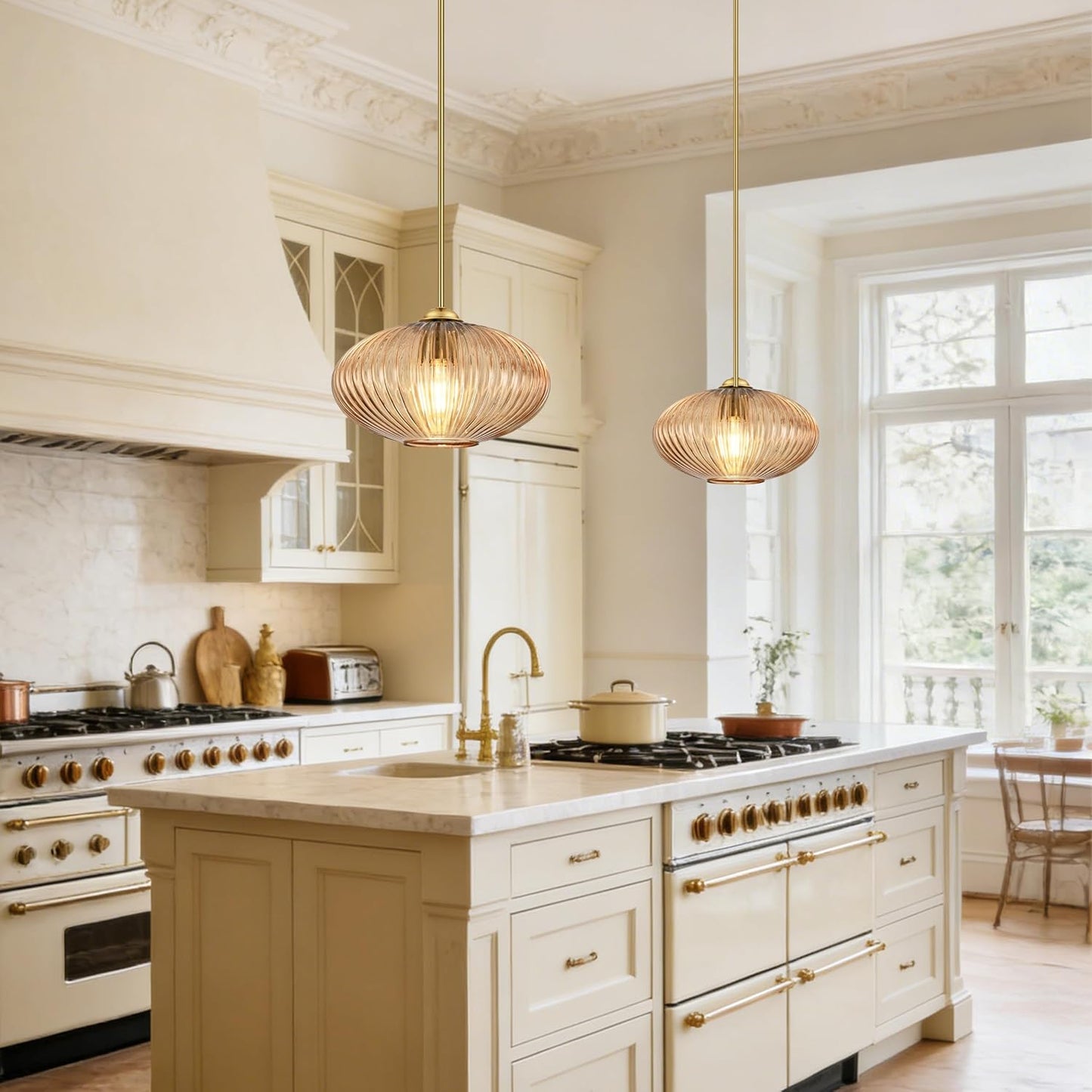 Lámpara colgante moderna cristal ámbar 10pulg oro cepillado comedor