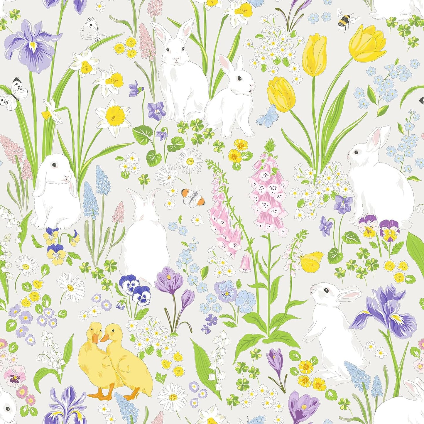 Papel tapiz conejo blanco diseño floral 12x118pulg