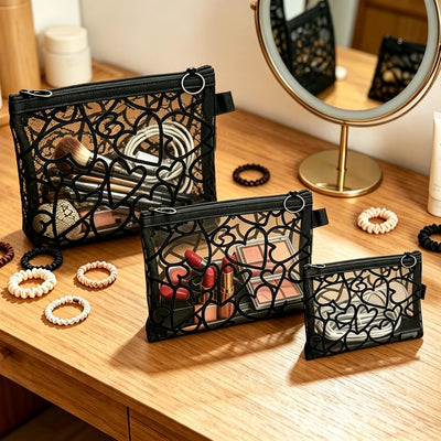 6 Pzas Bolsas Maquillaje Malla Estampado Corazón Beige Negro