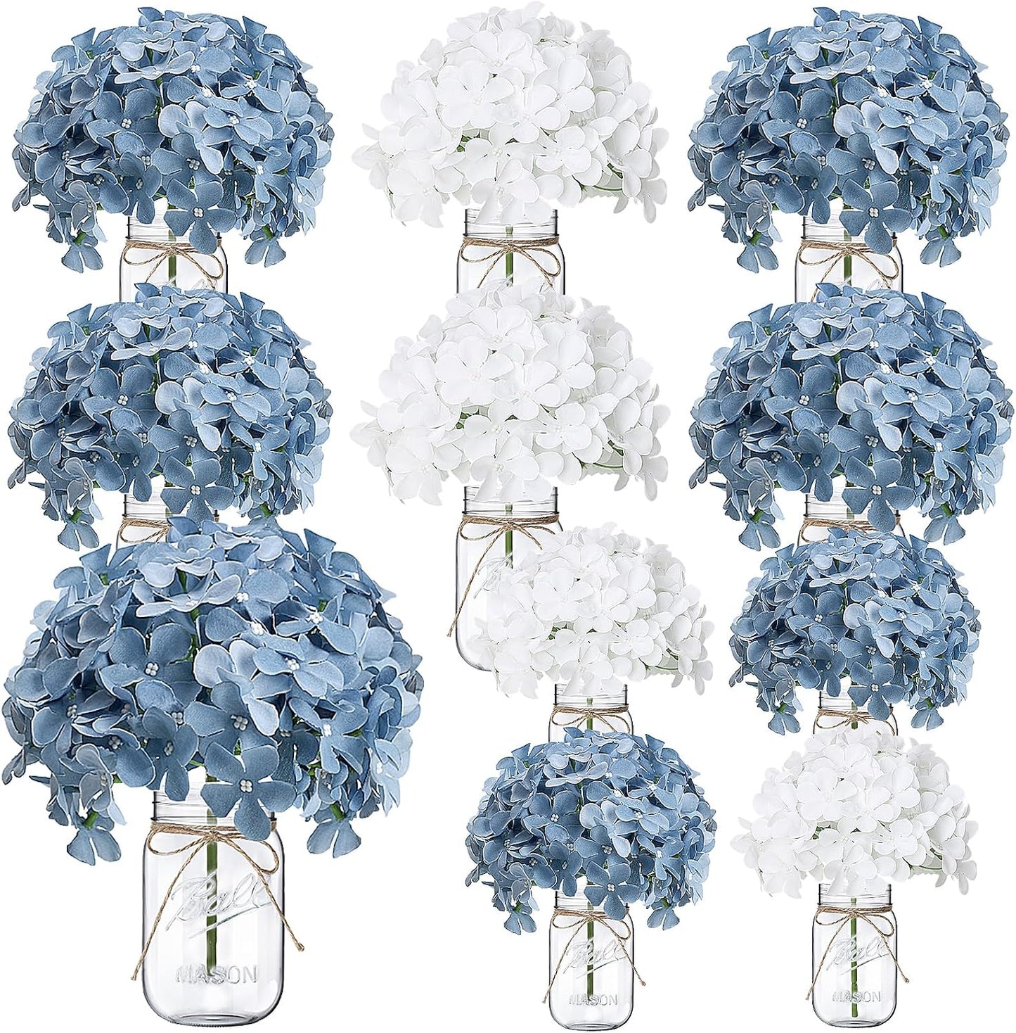 Tarros flores centros mesa 10 pzas hortensias azules y blancas