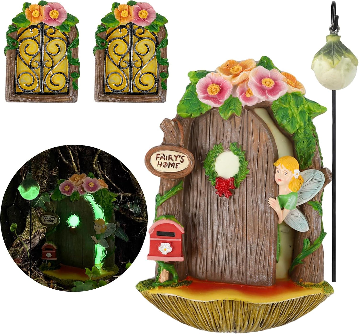 Puerta y ventanas iluminadas para árboles y jardines encantados