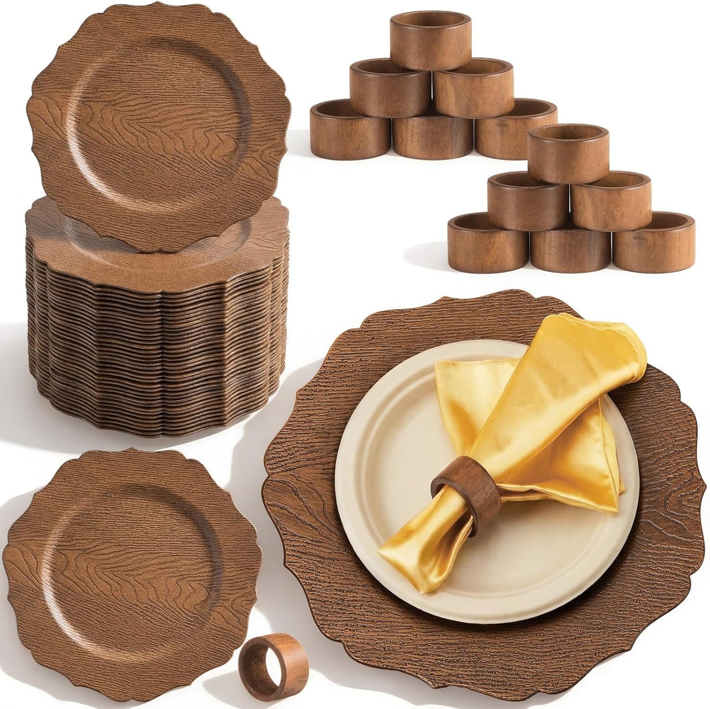 Set 12 platos acrílico textura madera rústica marrón