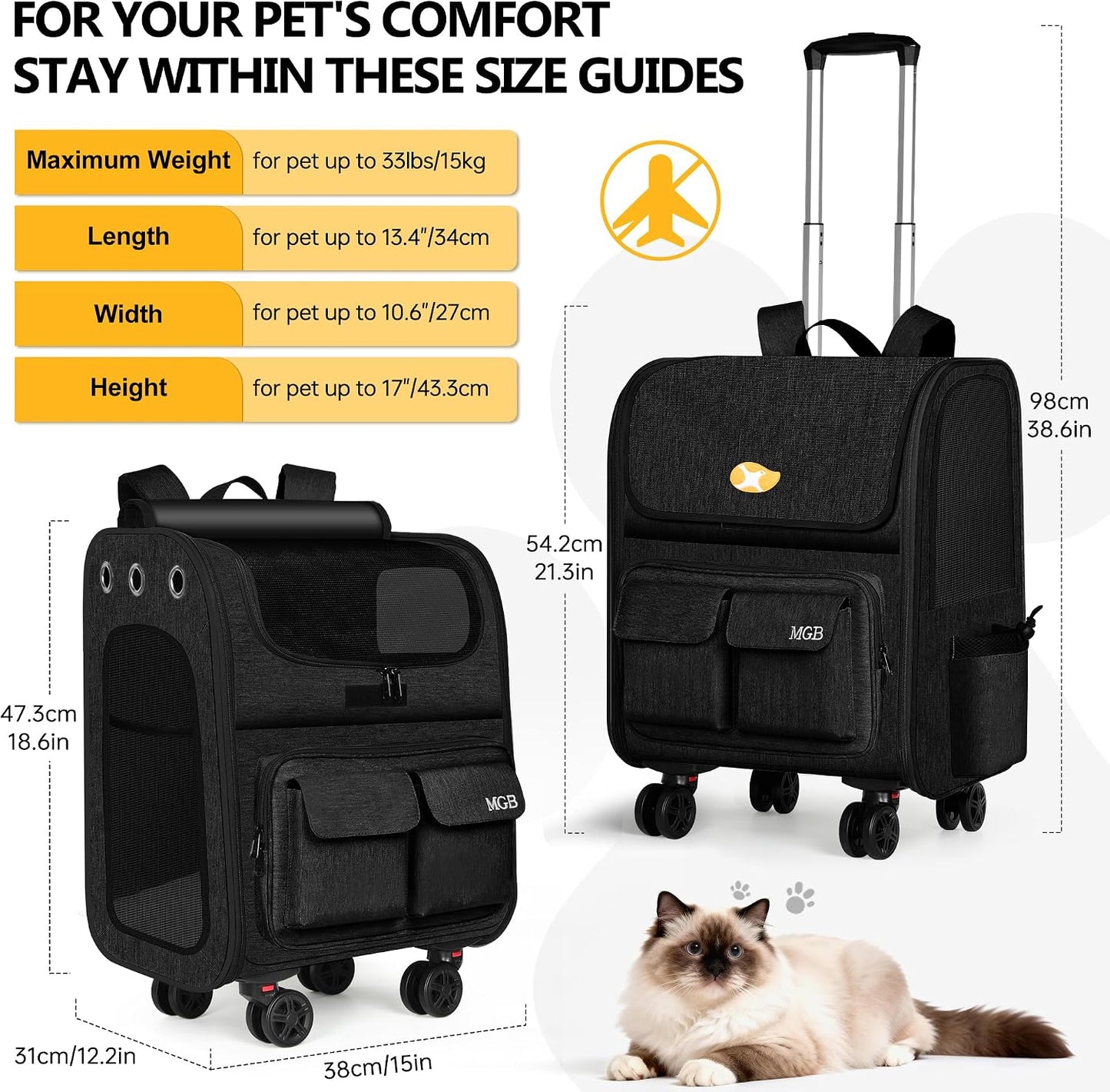 Transportador gatos y perros pequeños con ruedas malla transpirable