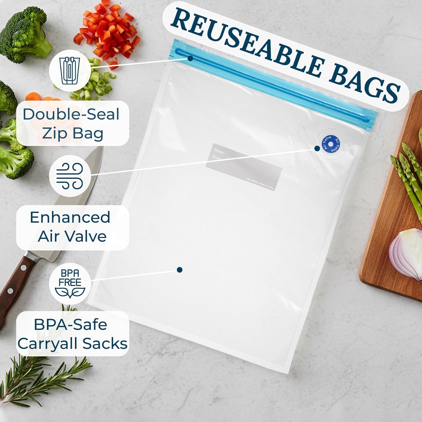Bolsas selladoras al vacío para alimentos paquete 15 reutilizables con cierre de cremallera a prueba de fugas y válvula de aire