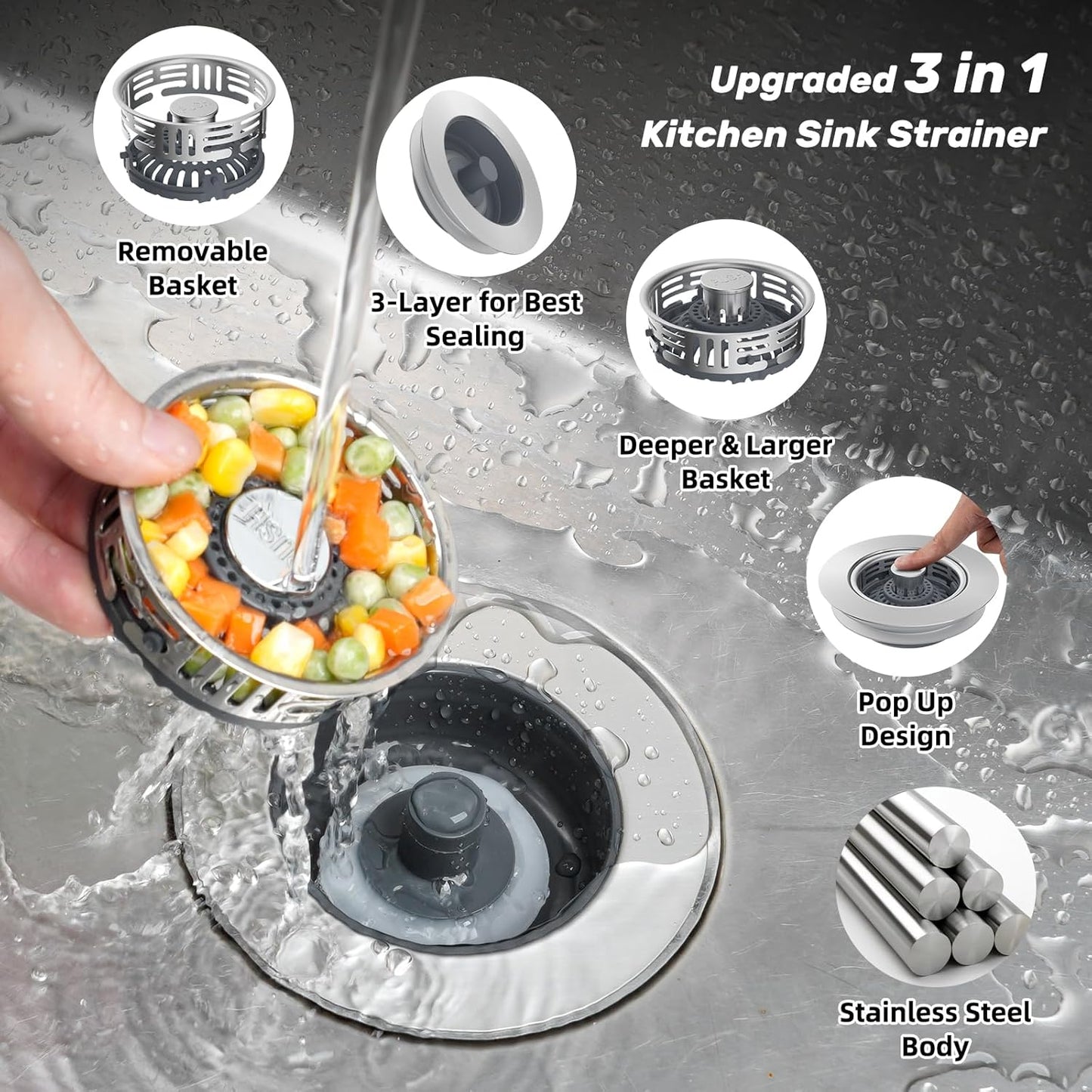 Colador drenaje fregadero 3en1 acero inox con tapón