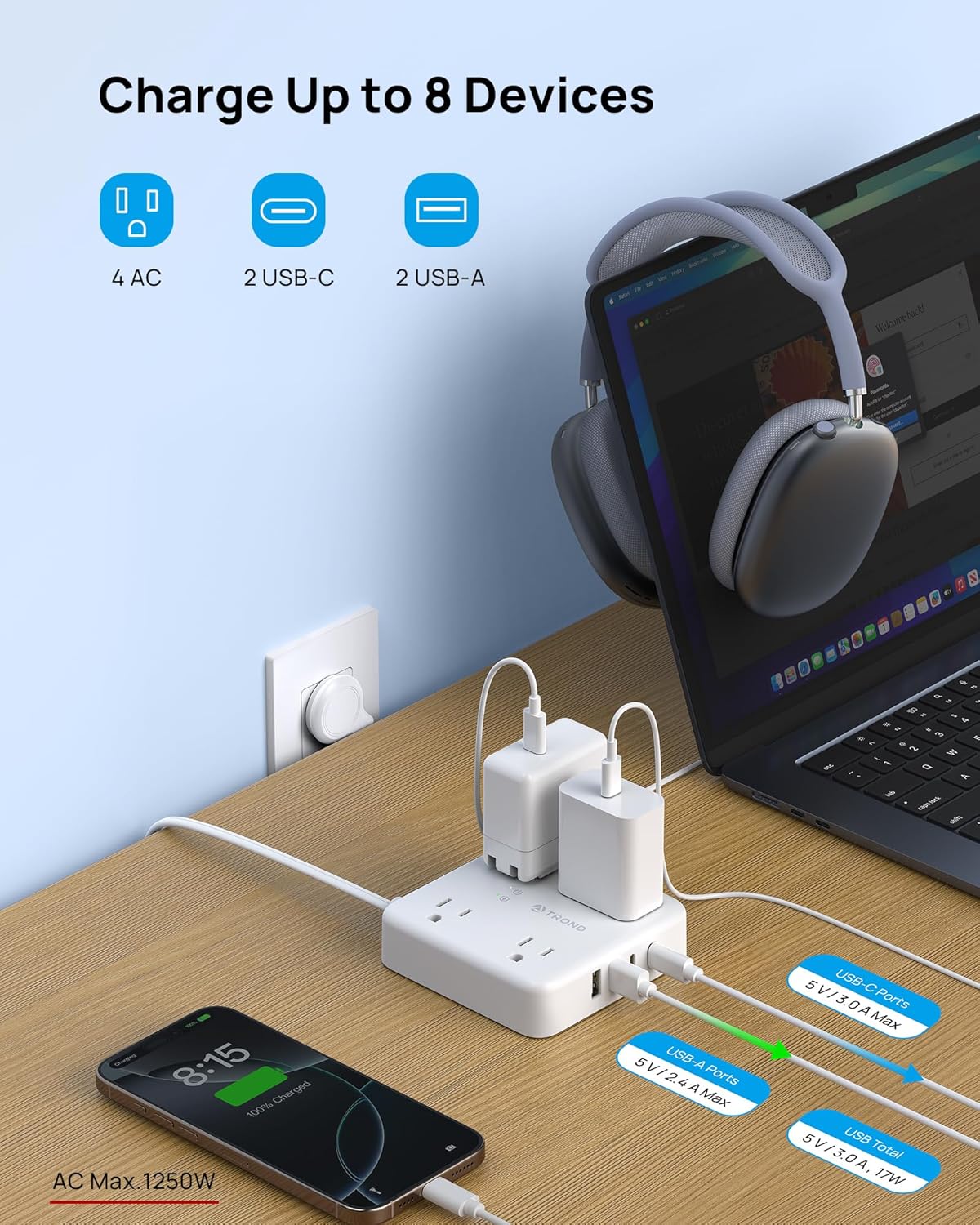 Regleta alimentación 2 clavijas 3 pies con 3 clavijas 4 CA 4 USB