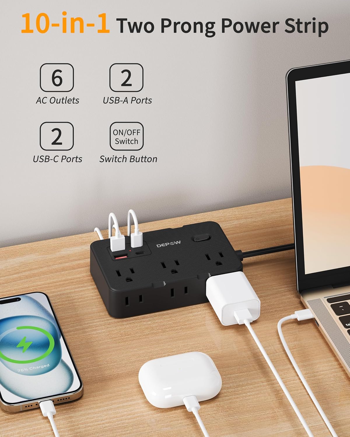 Regleta extensión 5ft 6 salidas 4USB C negro con protección