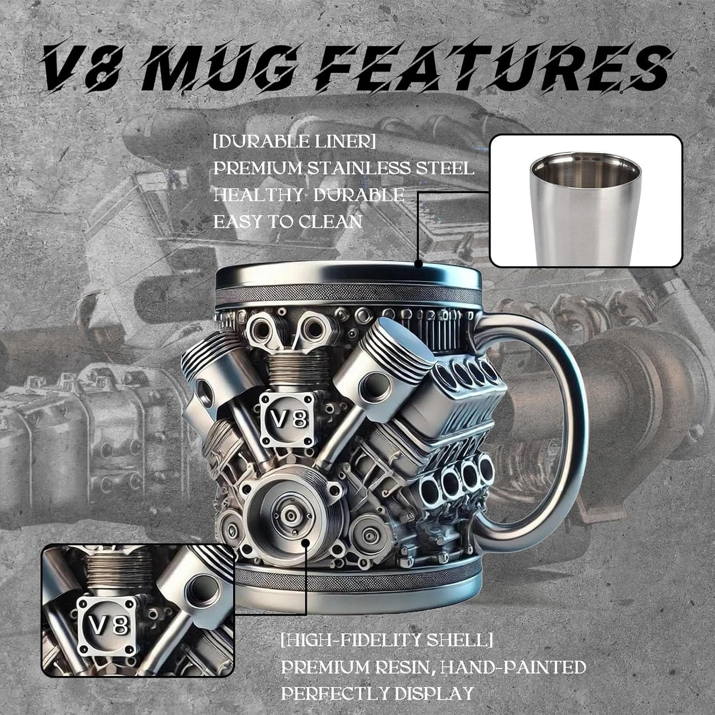 Taza de café con motor V8 de acero inoxidable retro