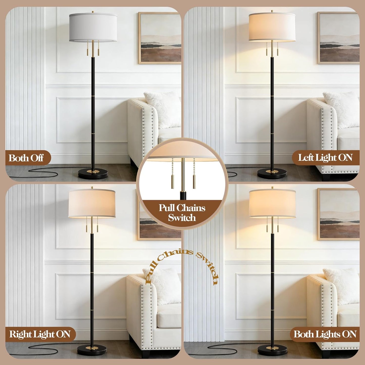 Lámpara pie moderna 2 luces tela interruptor cadena sala dormitorio