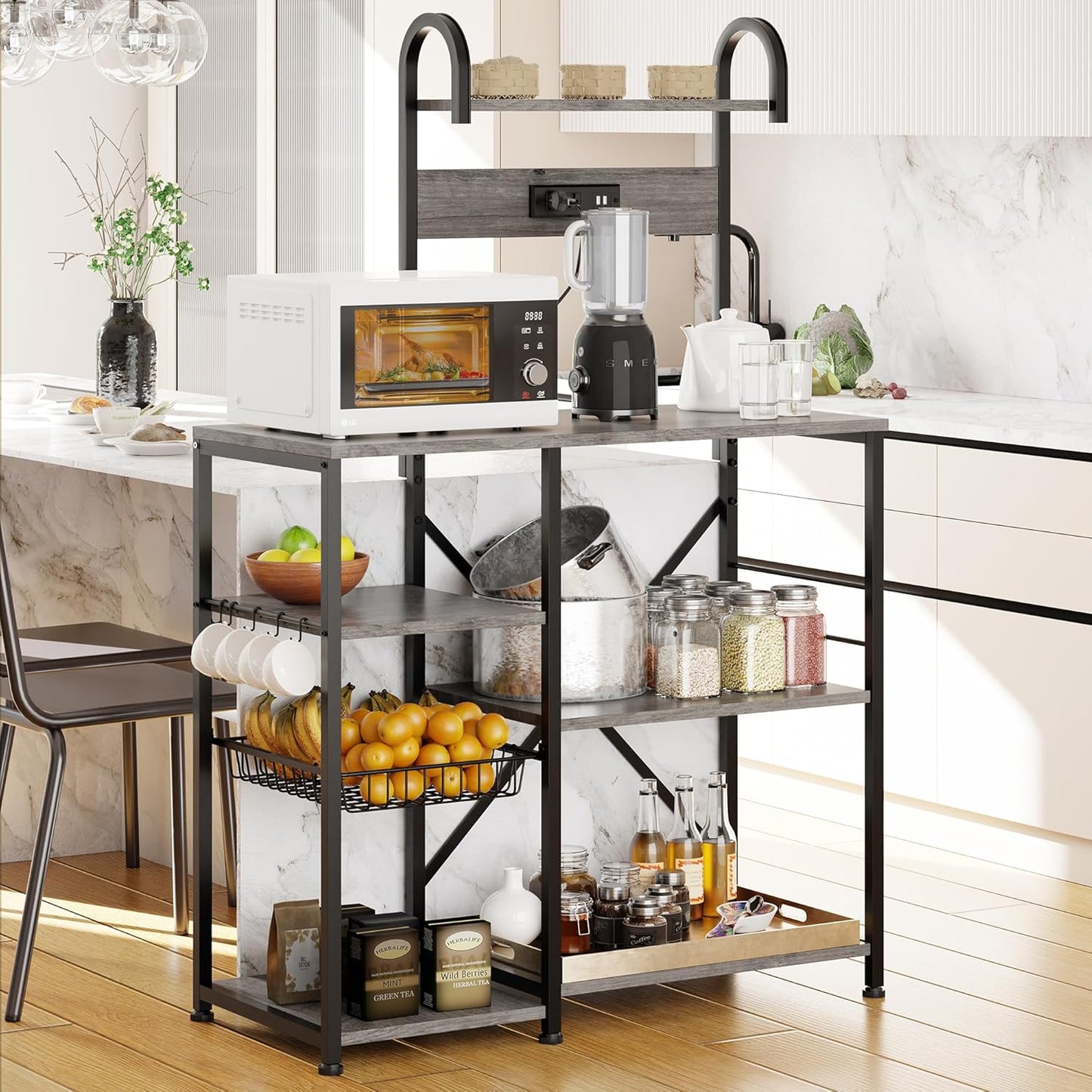 Estante cocina con toma corriente 6 ganchos gris