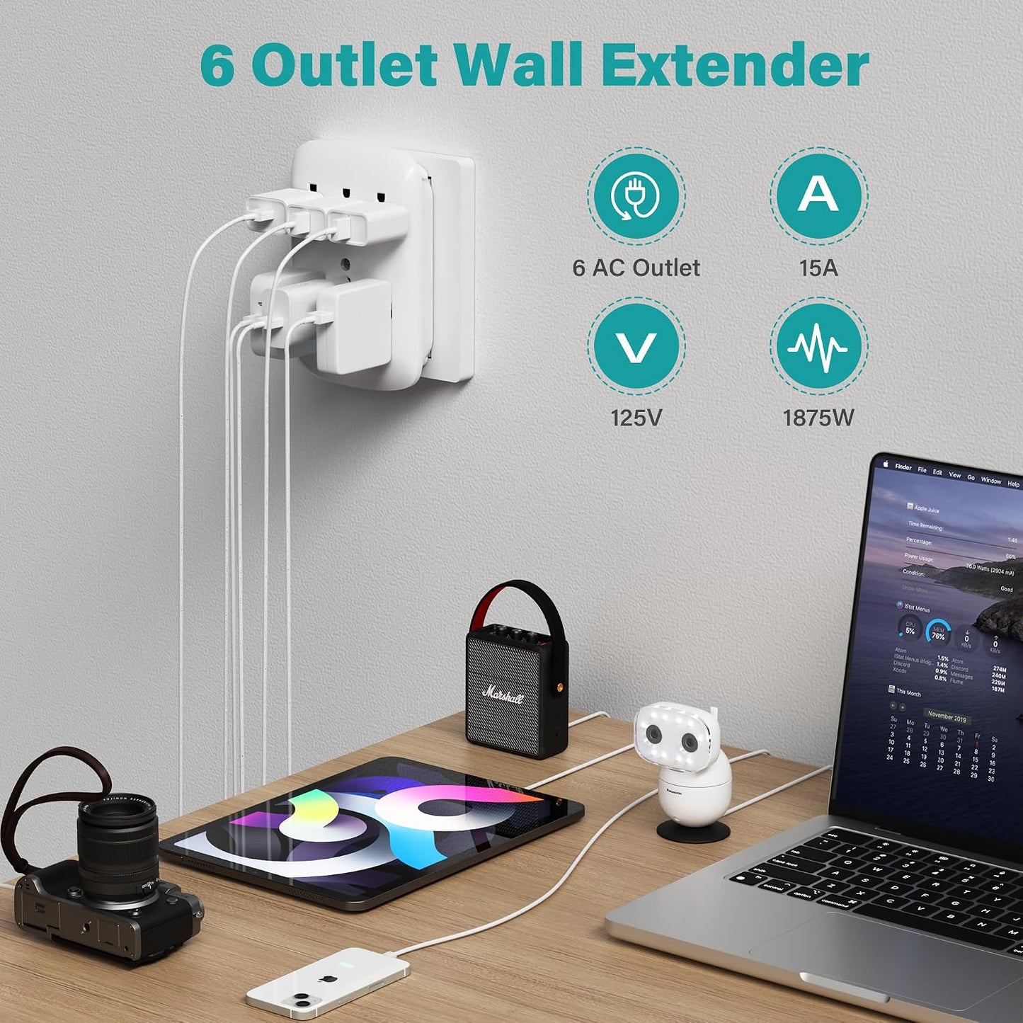 Extensor 6 tomacorrientes pared set 4 con luz