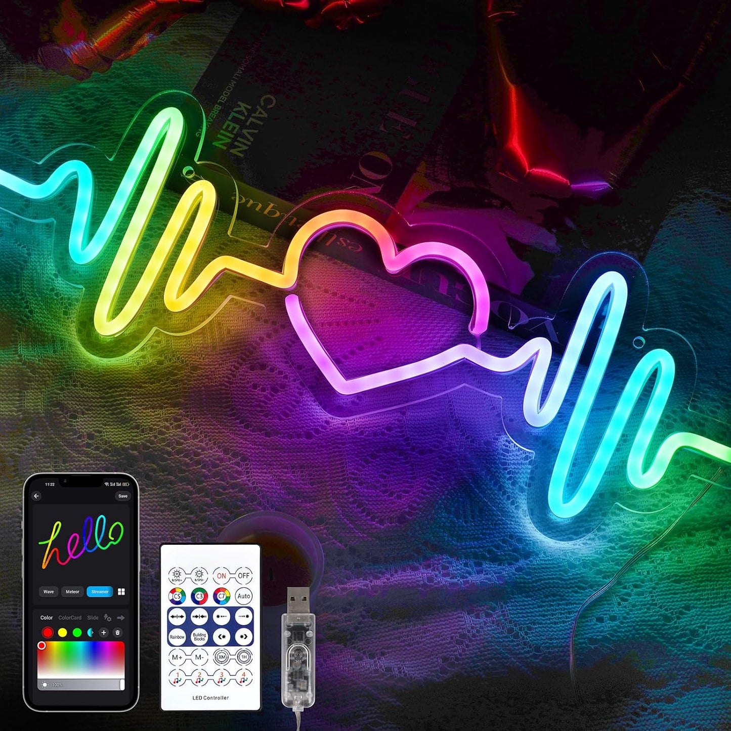 Letrero neón corazón amor ECG RGB regulable USB