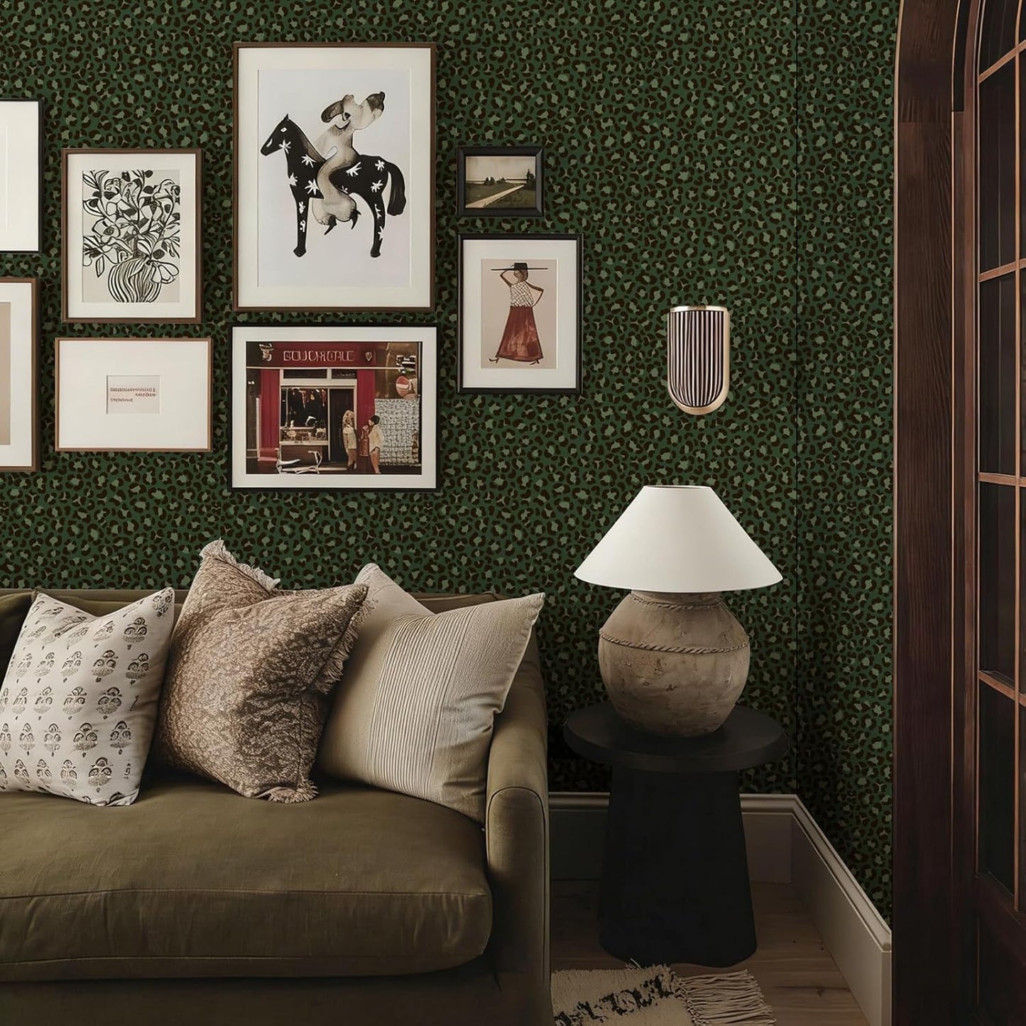 Papel tapiz autoadhesivo estampado leopardo verde 17.3x78.7pulg