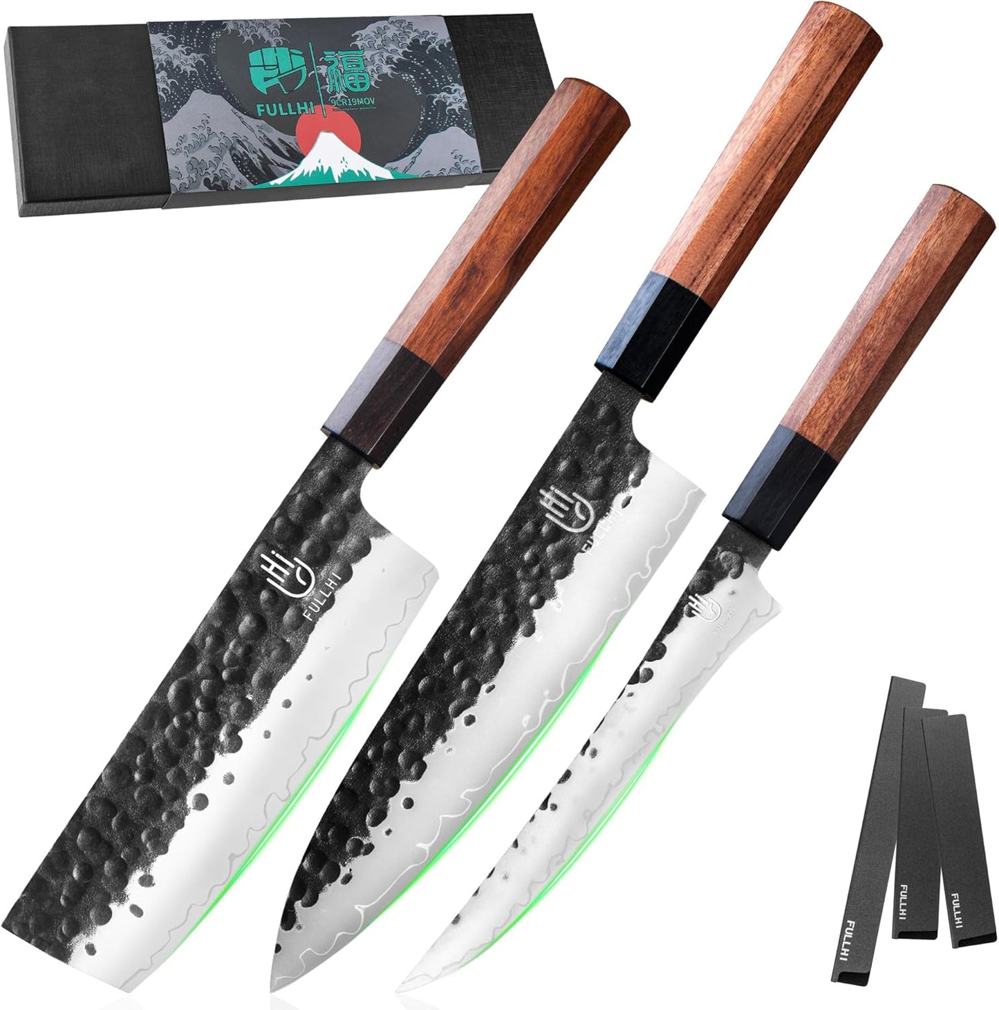Set 3 Cuchillos Japoneses Gyuto Acero 9CR18MOV Mango Roble