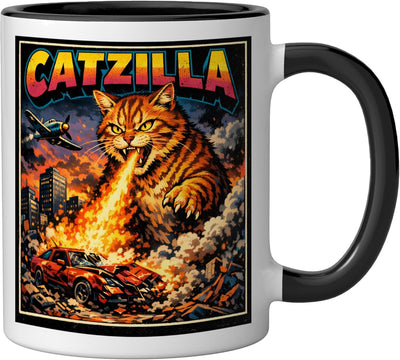Taza Cerámica Gato Tabby Catzilla Chiste Negro Blanco