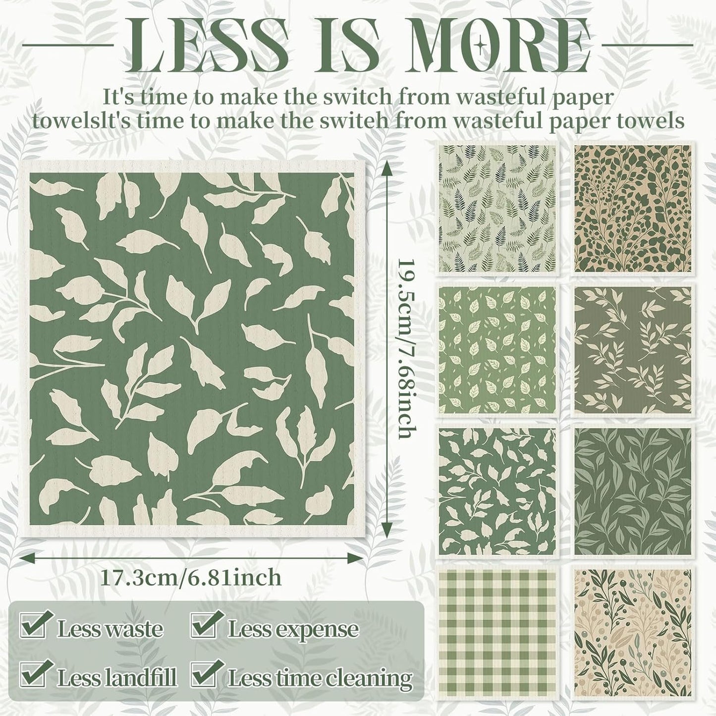 Paños de cocina suecos Tegeme verde salvia, toallas absorbentes de algodón reutilizables