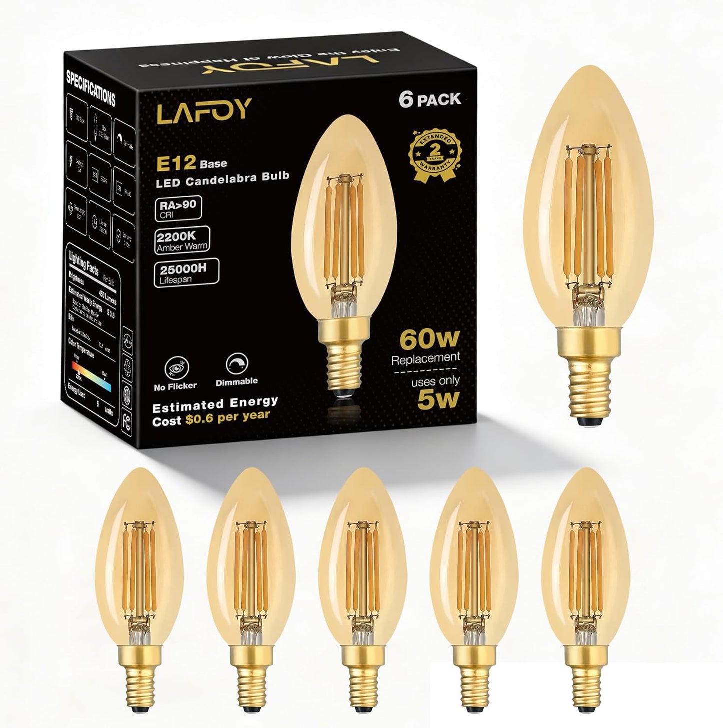 Bombilla LED E12 2200K suave cálida 60W paquete 6