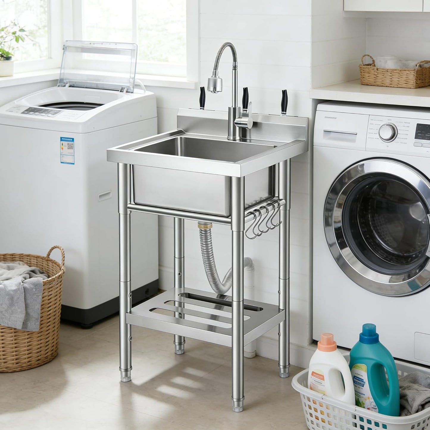 Fregadero acero inox tubos frío caliente con estante ganchos S