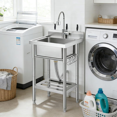 Fregadero acero inox tubos frío caliente con estante ganchos S