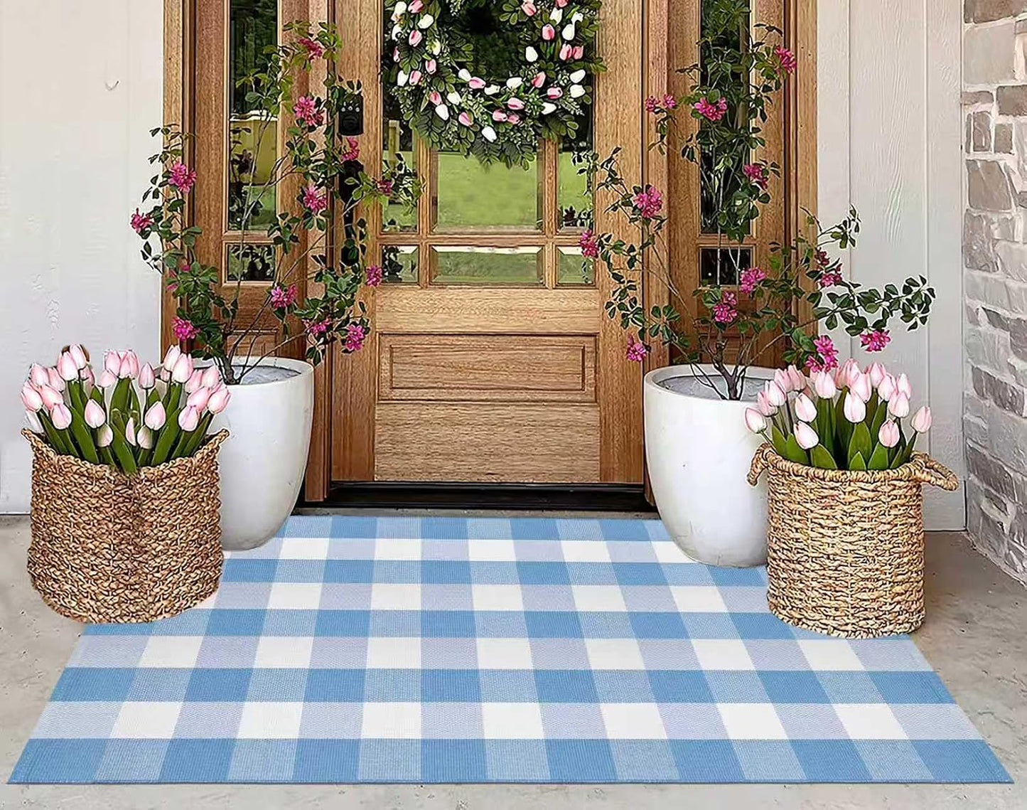 Alfombra porche 3x5ft algodón color azul claro y blanco