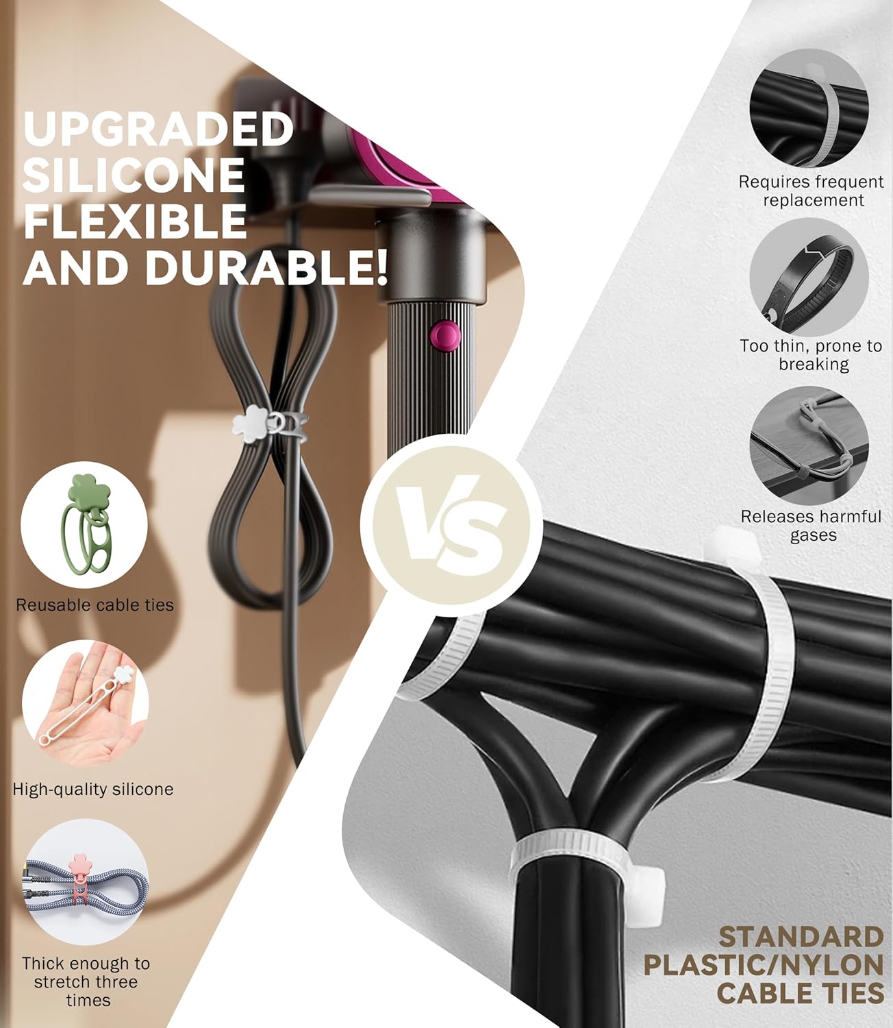 25 Bridas Silicona 4pulg Organizador Cables Reutilizable Multicolor