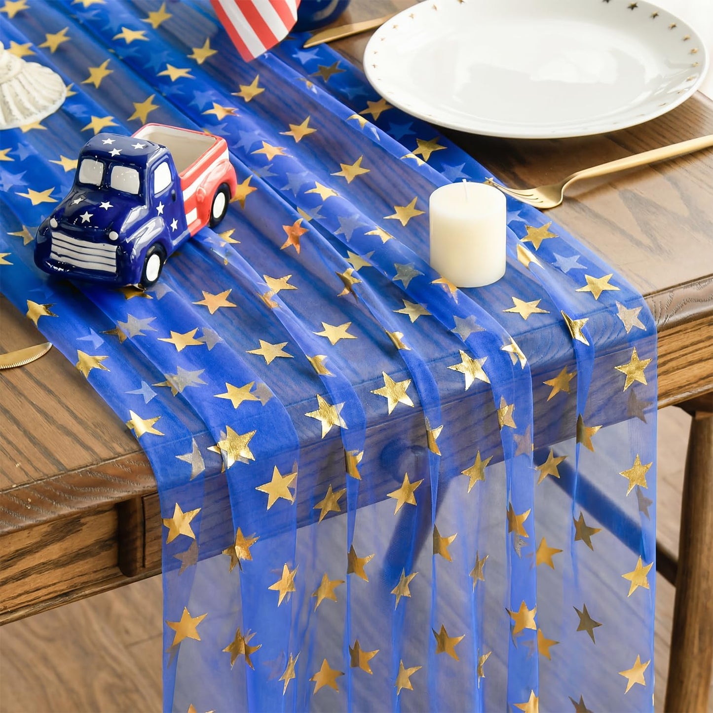 Mesa Camino Gasa Azul Estrellas Doradas 10ft