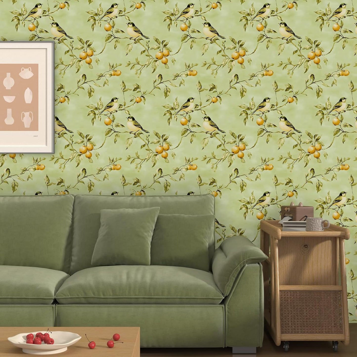Papel tapiz vintage autoadhesivo con pájaro y frutas