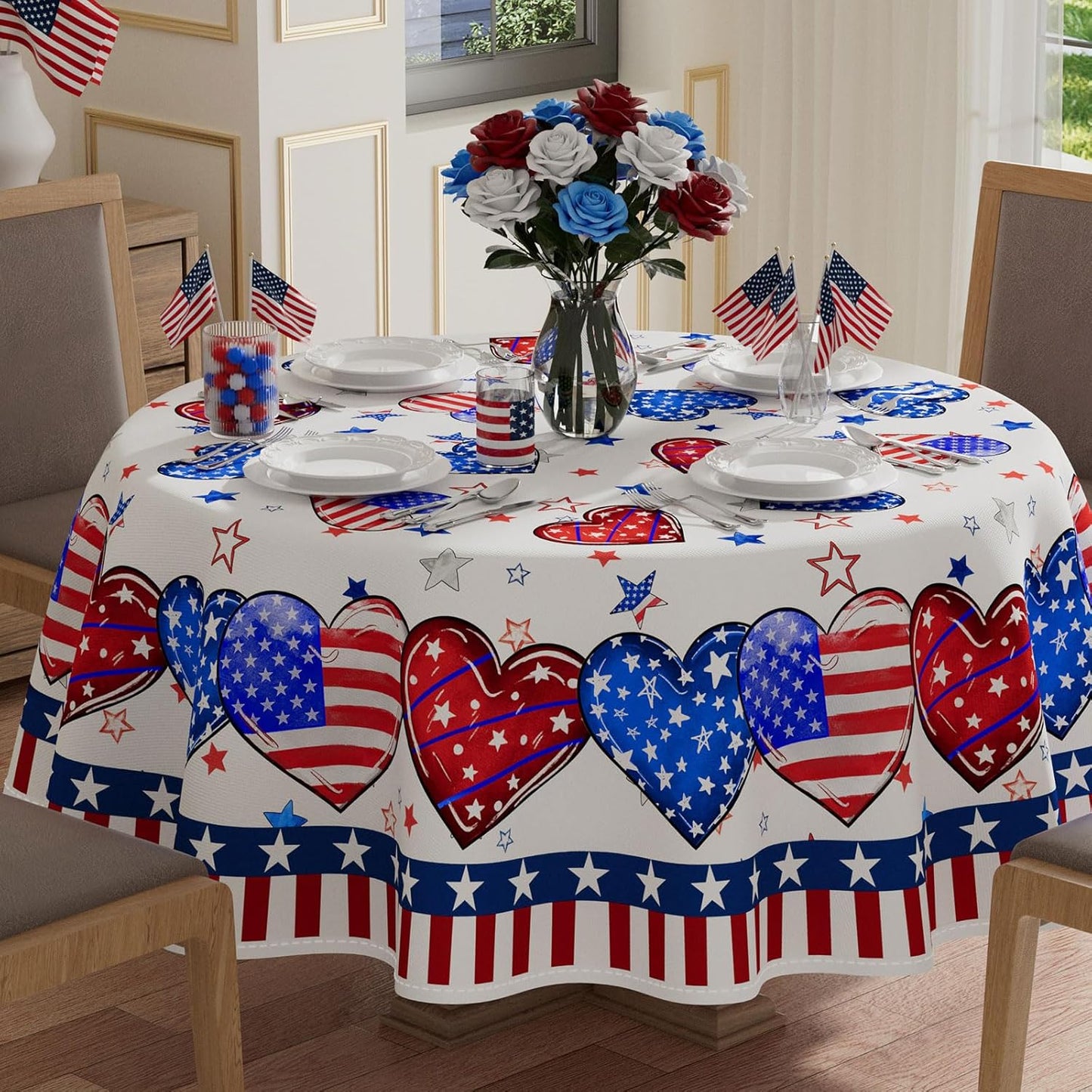 Mantel redondo con rayas, corazones y estrellas de América 60x60 pulgadas