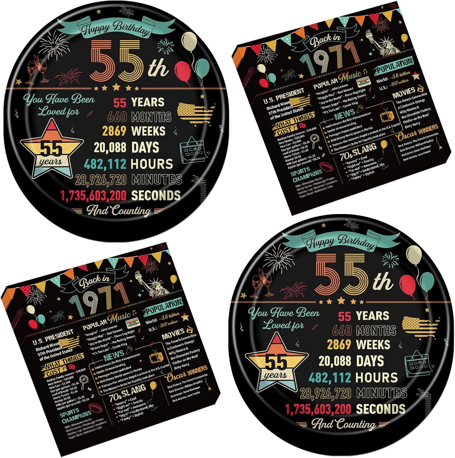 Platos y servilletas de cumpleaños número 55, 50 piezas coloridas