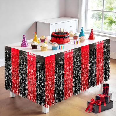 Paquete de 2 faldas de mesa onduladas de papel aluminio oropel metálico color rojo y negro