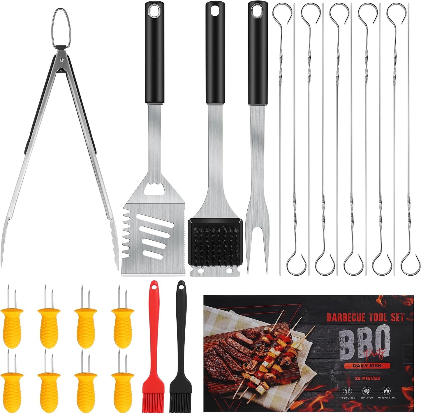 Kit 4en1 parrilla espátula tenedor pinzas cepillo