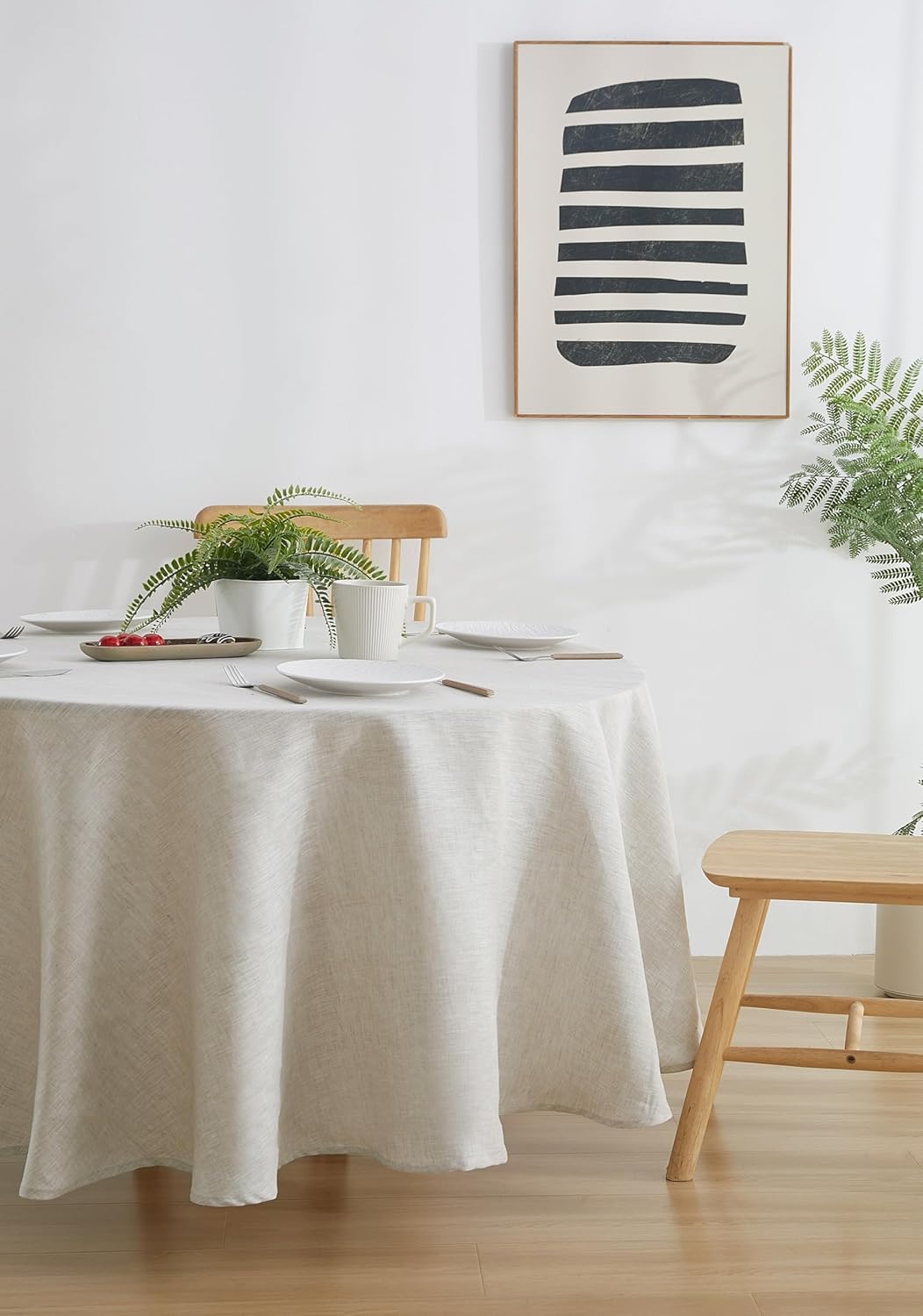 Mantel redondo lino natural 80pulg para cenas y fiestas