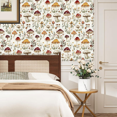Papel tapiz hongos beige contacto floral rojo vintage 17.5x118pulg