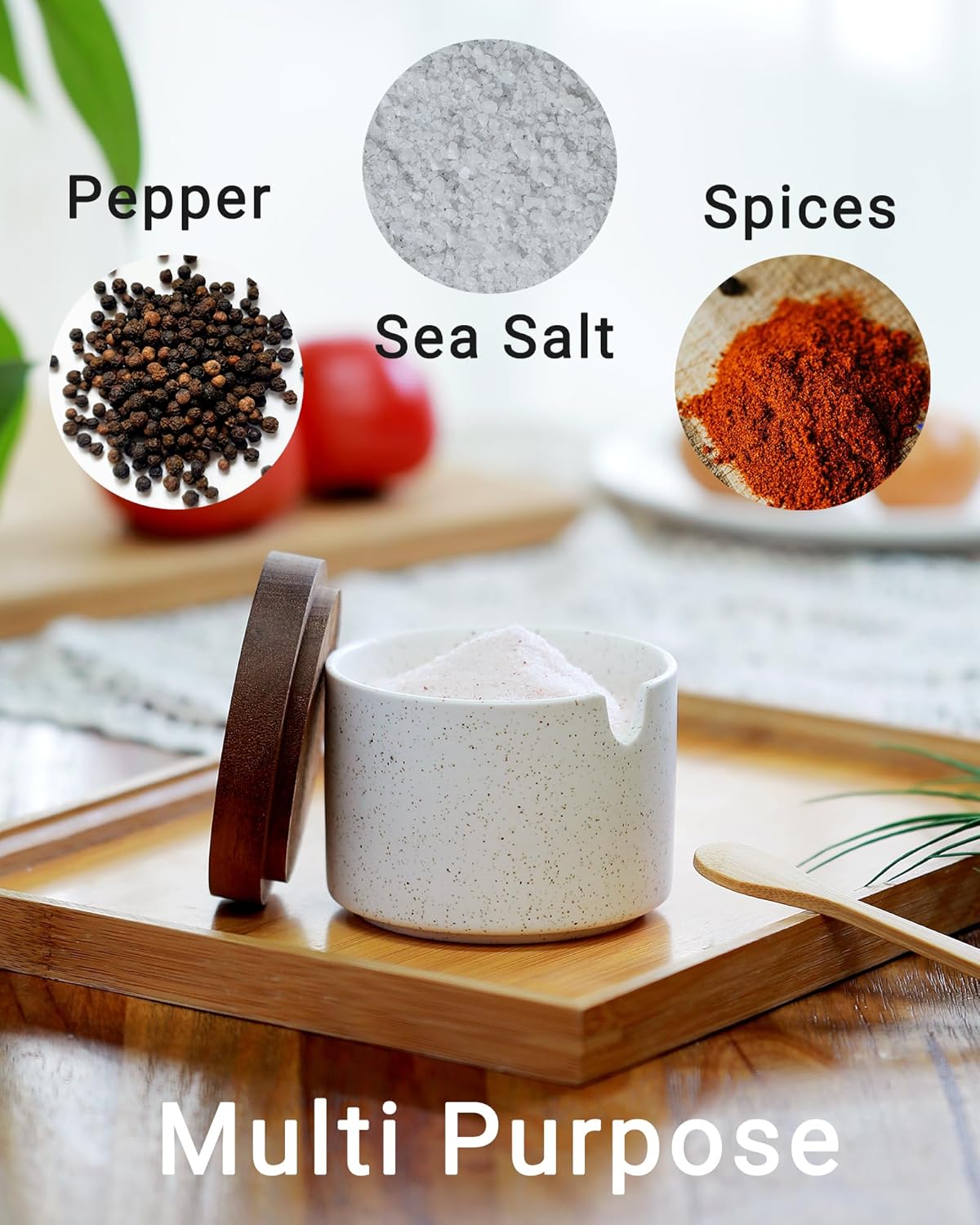 Bodega cerámica con tapa cuchara madera 8oz especias