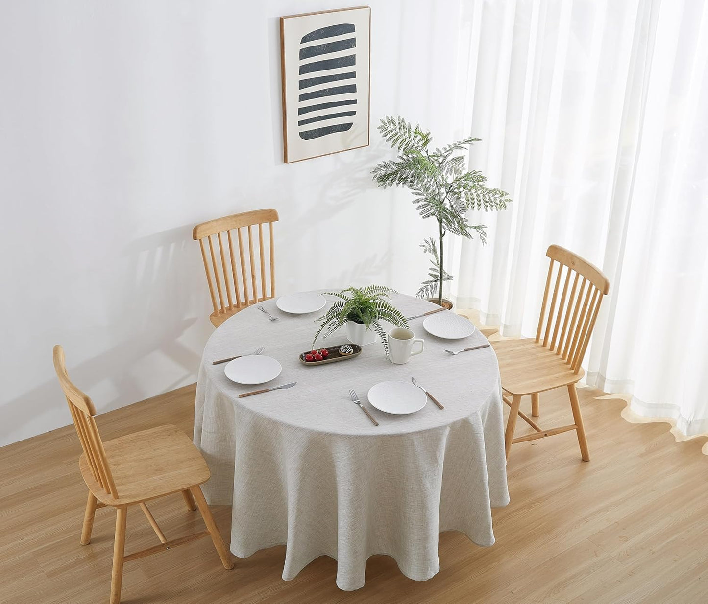 Mantel redondo lino natural 80pulg para cenas y fiestas