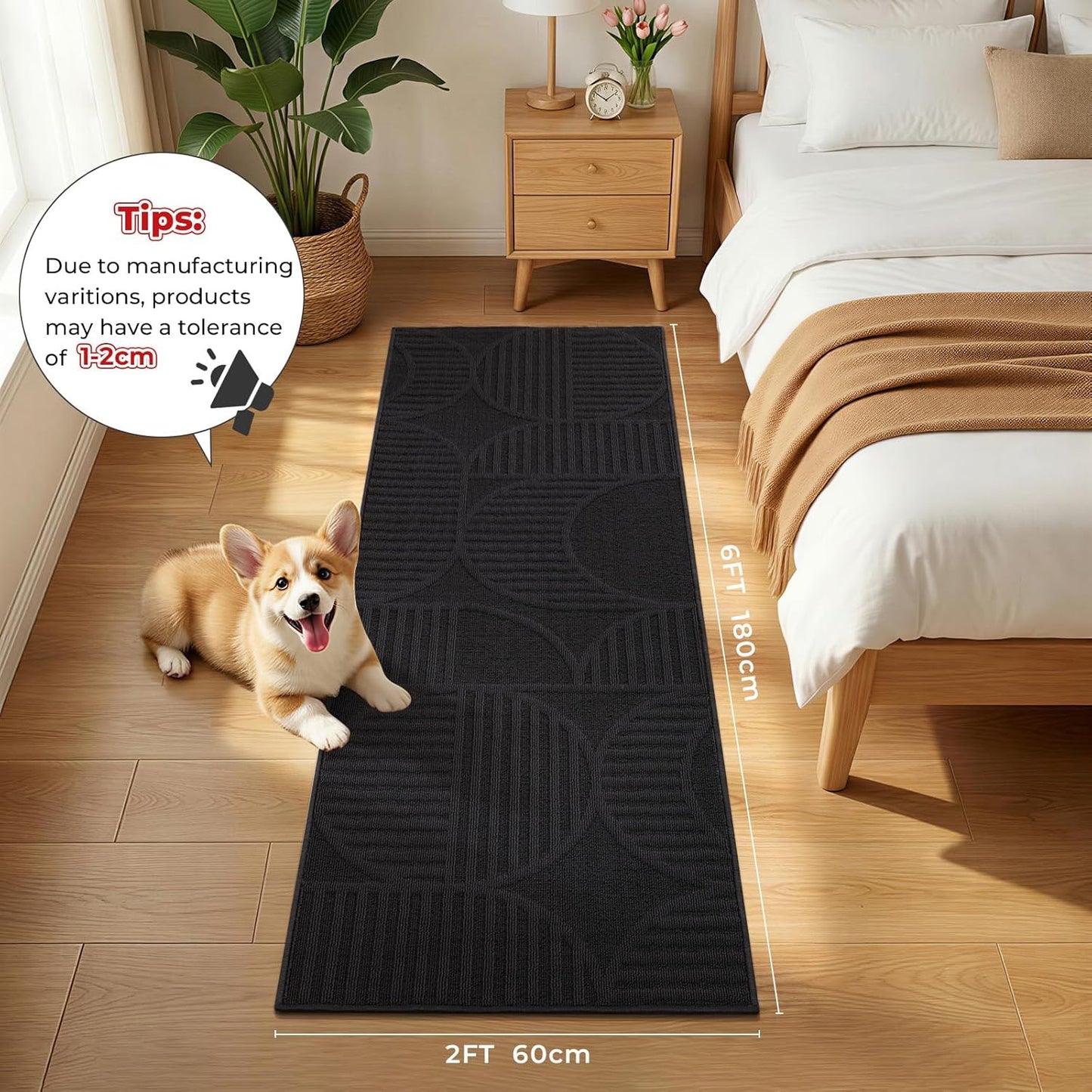 Alfombra pasillo 2x6ft geométrica antideslizante goma negro