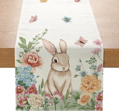 Camino de mesa de conejo de Pascua 13 x 72 pulgadas con peonías coloridas