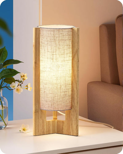 Lámpara de noche madera natural con sombra lino beige 13.5pulg