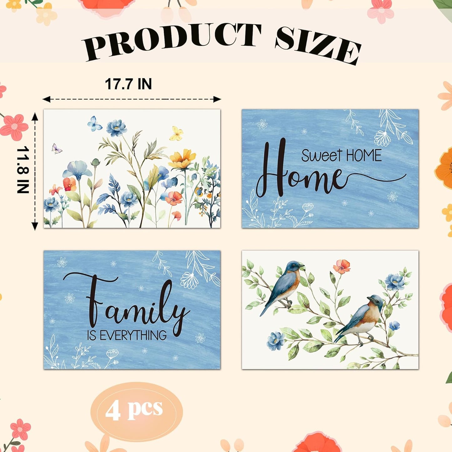 Set 4 Manteles Individuales Diseño Pájaros y Flores Lavables